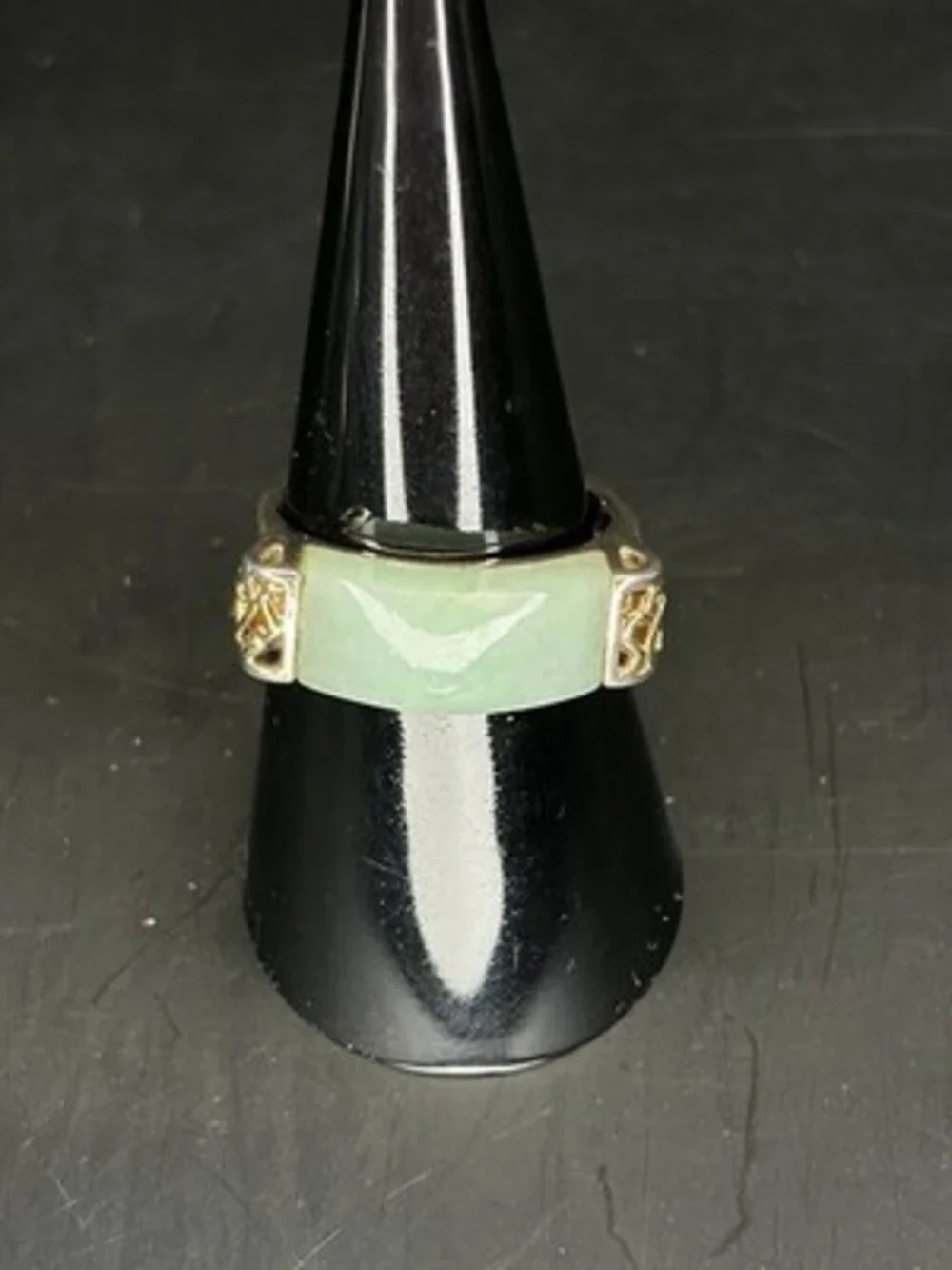 Designer Signed 925 Sterling Silver 14K Gold Green Jade Ring Size 8